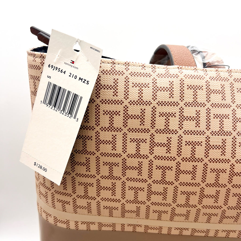 TOMMY HILFIGER Women's Birdie II Tote Coated Square Monogram Tan Brown NWT
