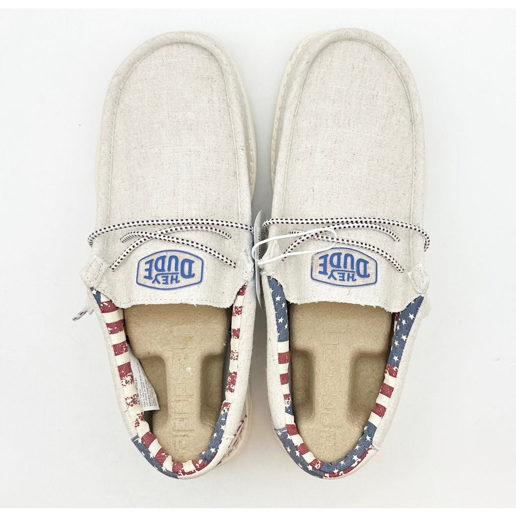 HEY DUDE Mens Wally Patriotic Shoe Size 6 EU 39 Off White Multi Slip On NIB