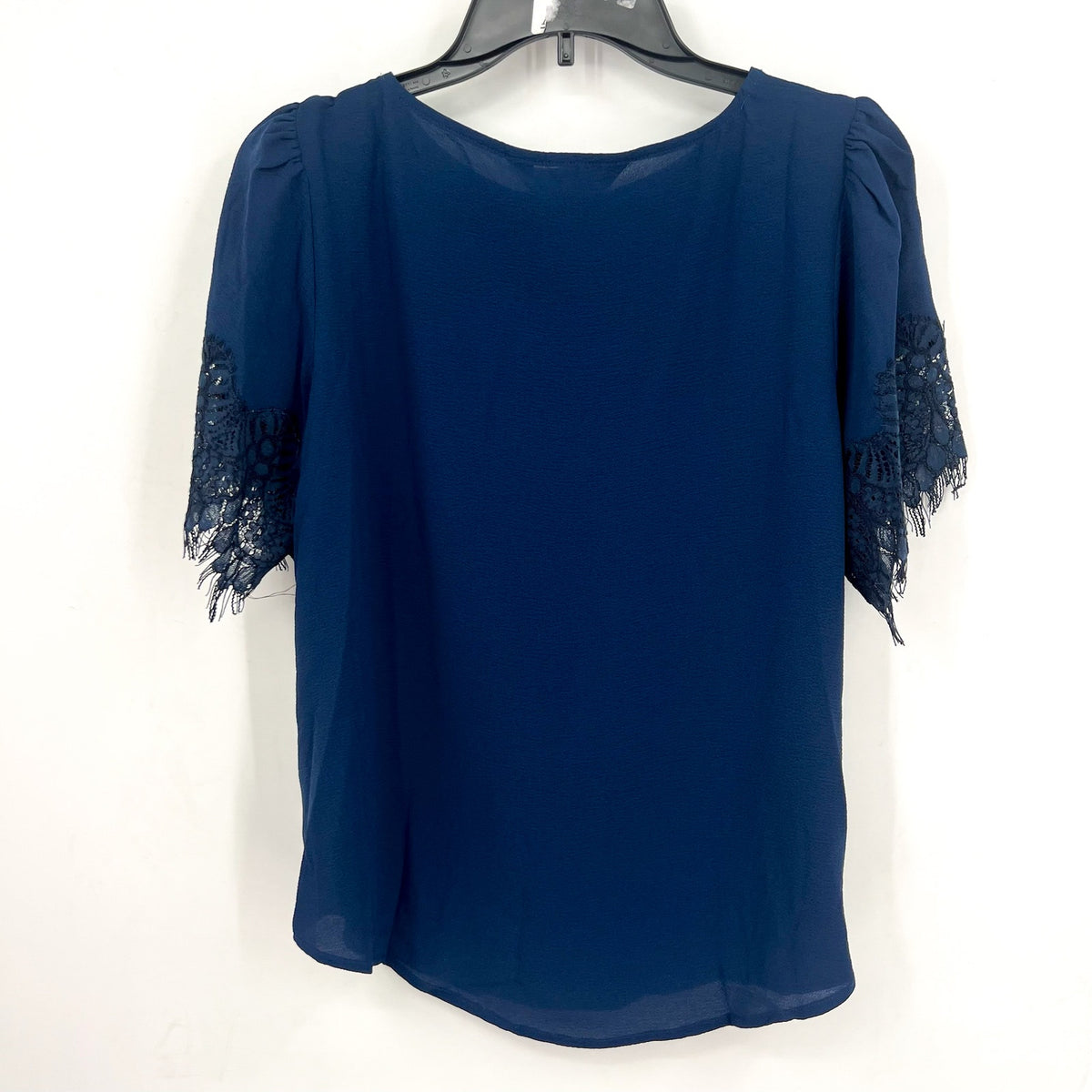 MONTGOMERY POST STITCH FIX Blouse Small Navy Blue Lace Trim Sleeves NWT