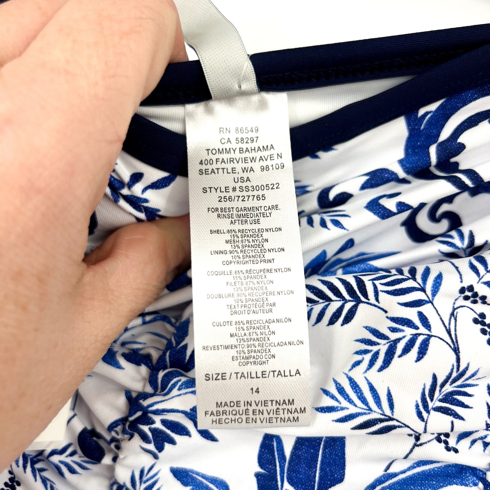 TOMMY BAHAMA Terrazzo Tile Bandeau One Piece Swimsuit Size 14 Blue Floral NWT
