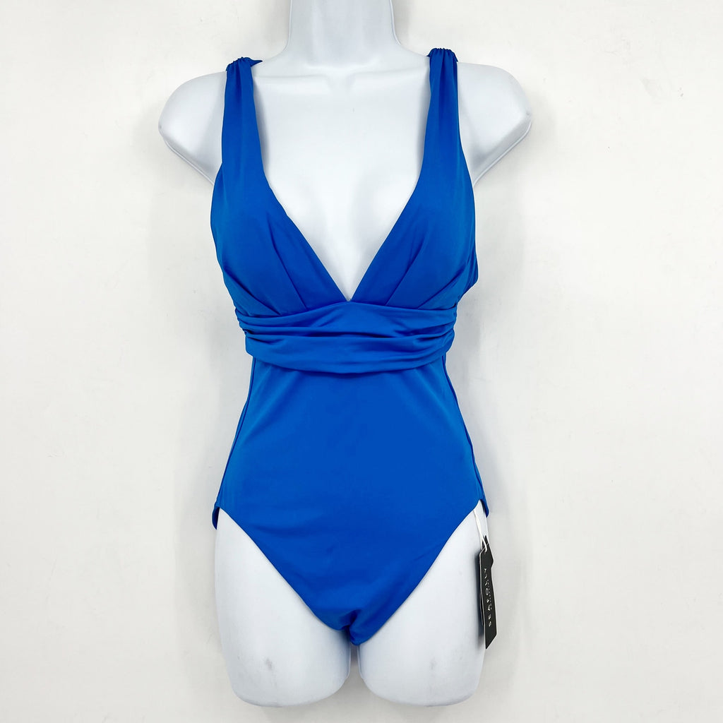 SEAFOLLY COLLECTIVE Cross Back One Piece Swimsuit Size 14 Blue Deep V Neck NWT