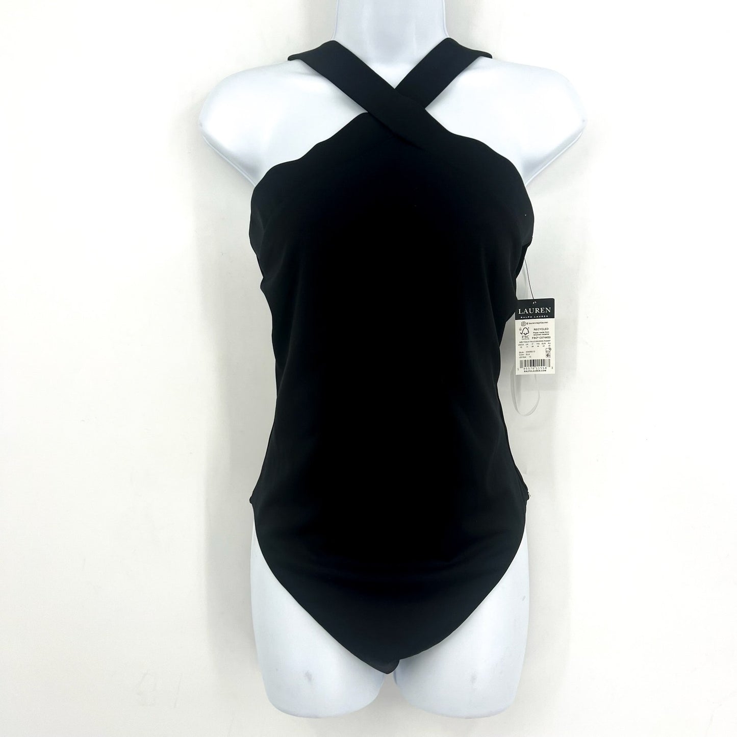 LAUREN RALPH LAUREN Sculpting Cross Front One Piece Swimsuit 12 Black OTS NWT