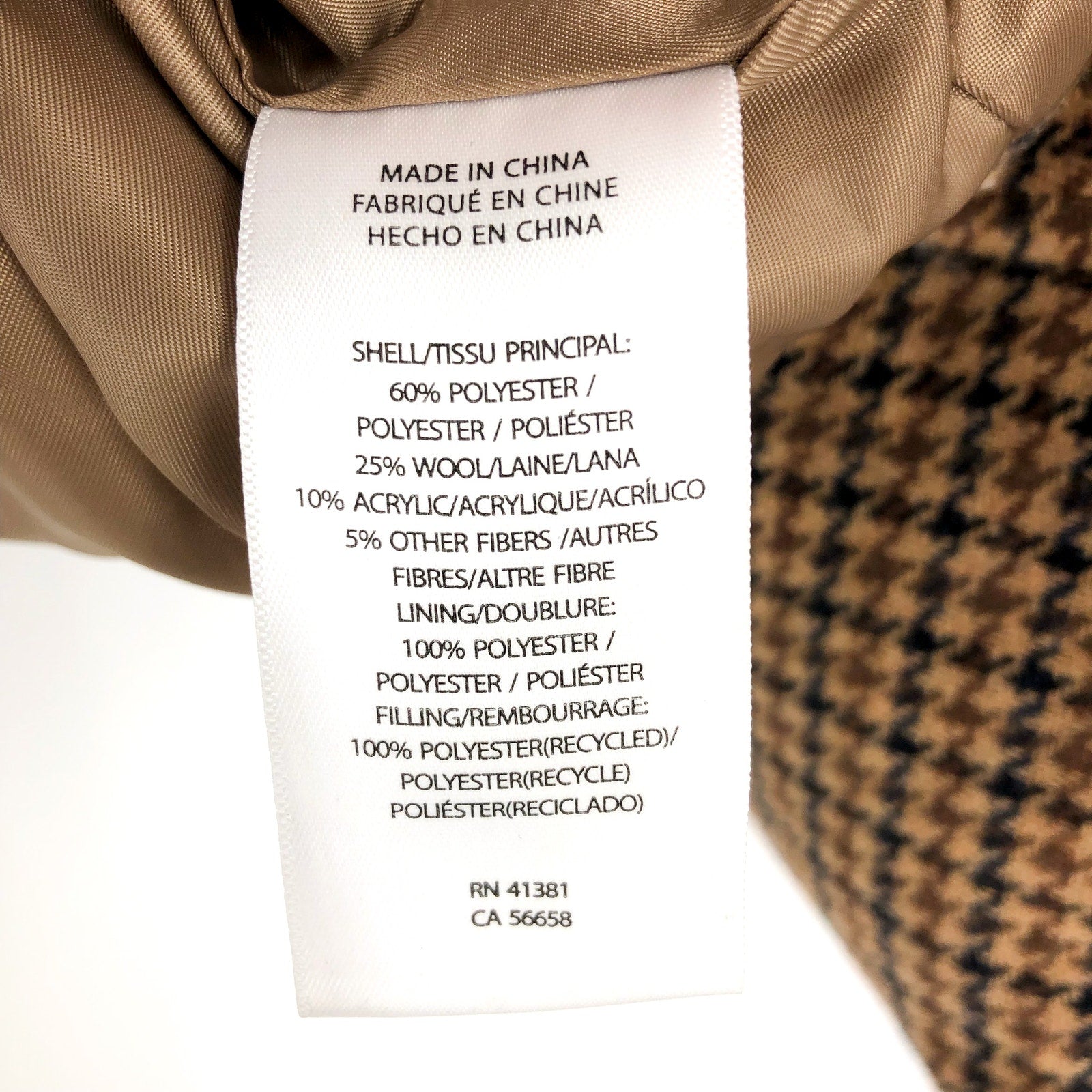 LAUREN RALPH LAUREN Womens Houndstooth Crest-Patch Puffer Coat Large Tan NWOT