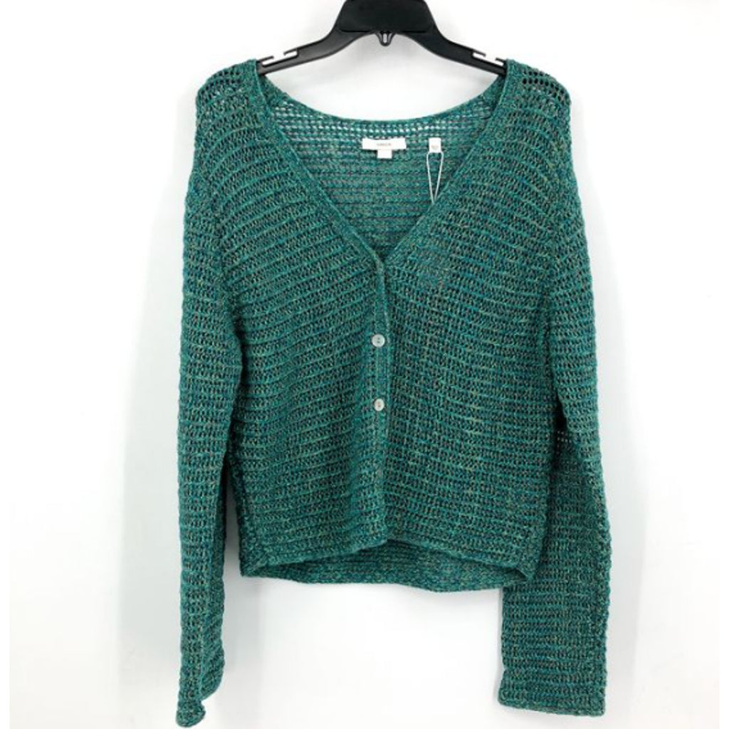 VINCE Women's Marled Crochet Cardigan Green Marl Small V-Neck Cotton NWT