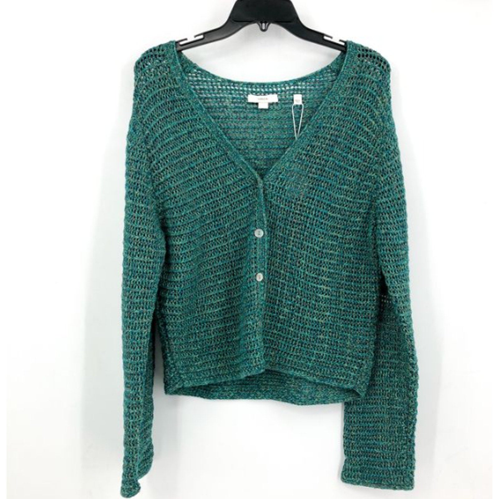 VINCE Women's Marled Crochet Cardigan Green Marl Small V-Neck Cotton NWT