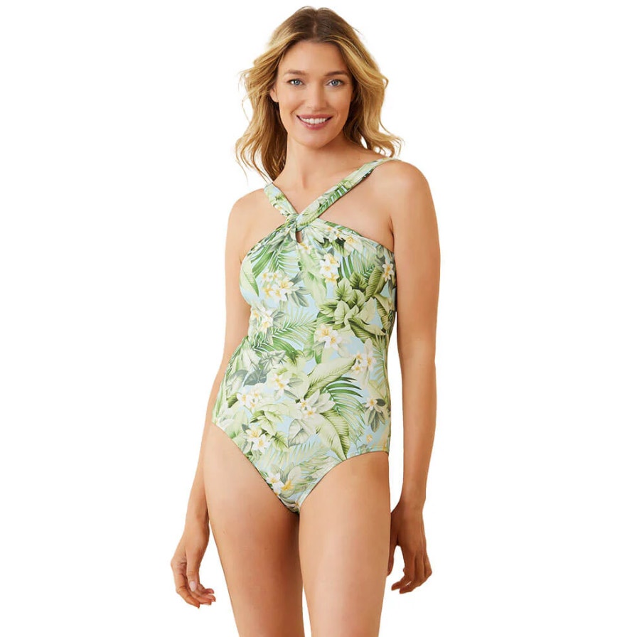 TOMMY BAHAMA Paradise Fronds High Neck One Piece Swimsuit Size 4 Green White NWT