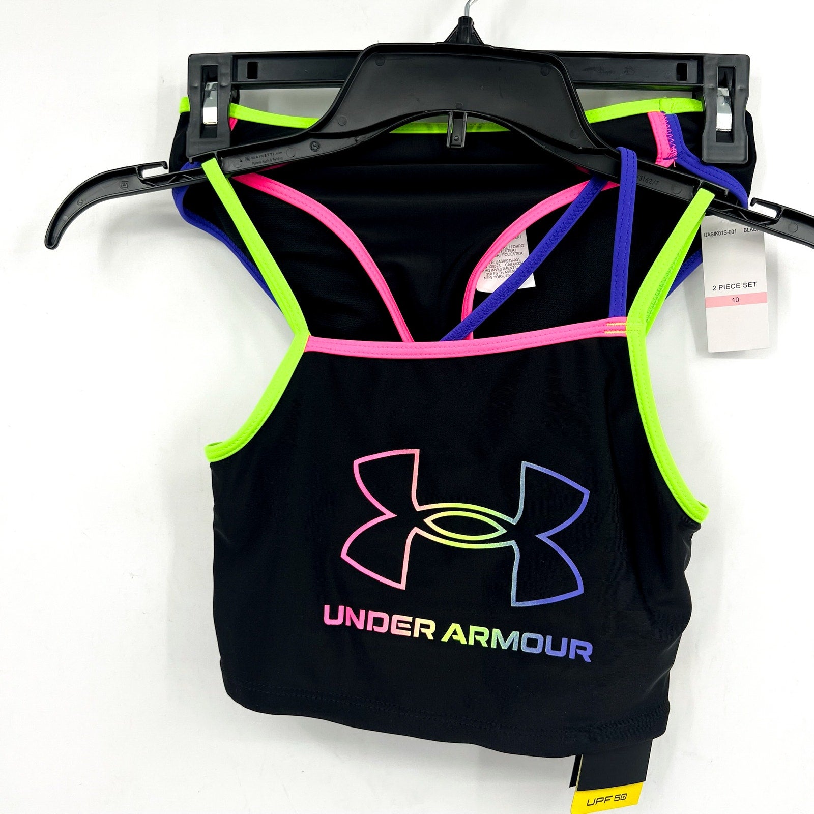 UNDER ARMOUR Girl's Angled Midkini Bikini Set Size 10 Black Swim Neon NWT
