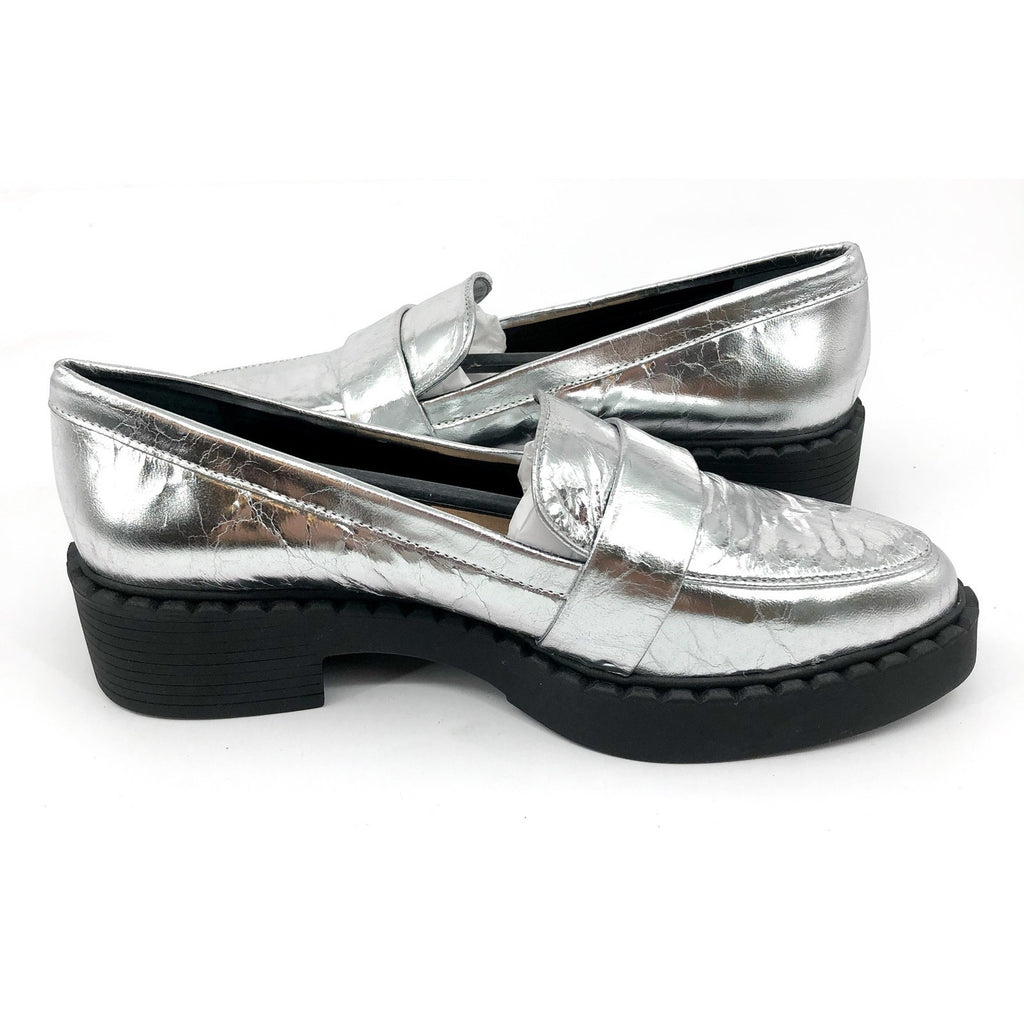 VINCE CAMUTO Women's Echika Loafers Size 6 Silver Leather Block Heel Penny NWOB