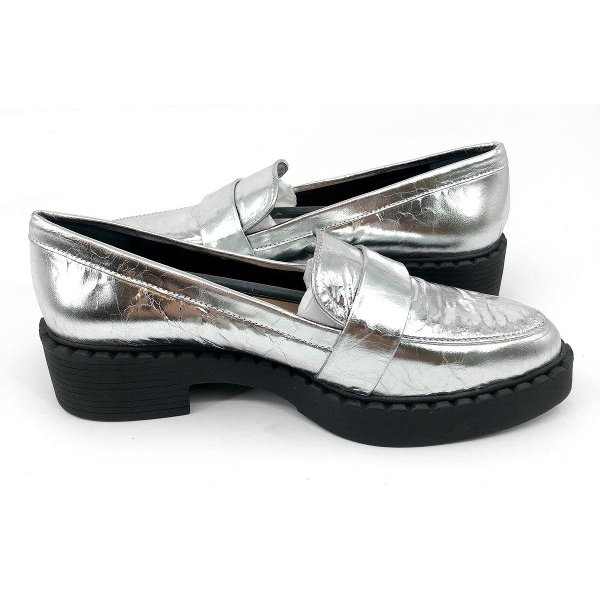 VINCE CAMUTO Women's Echika Loafers Size 6 Silver Leather Block Heel Penny NWOB