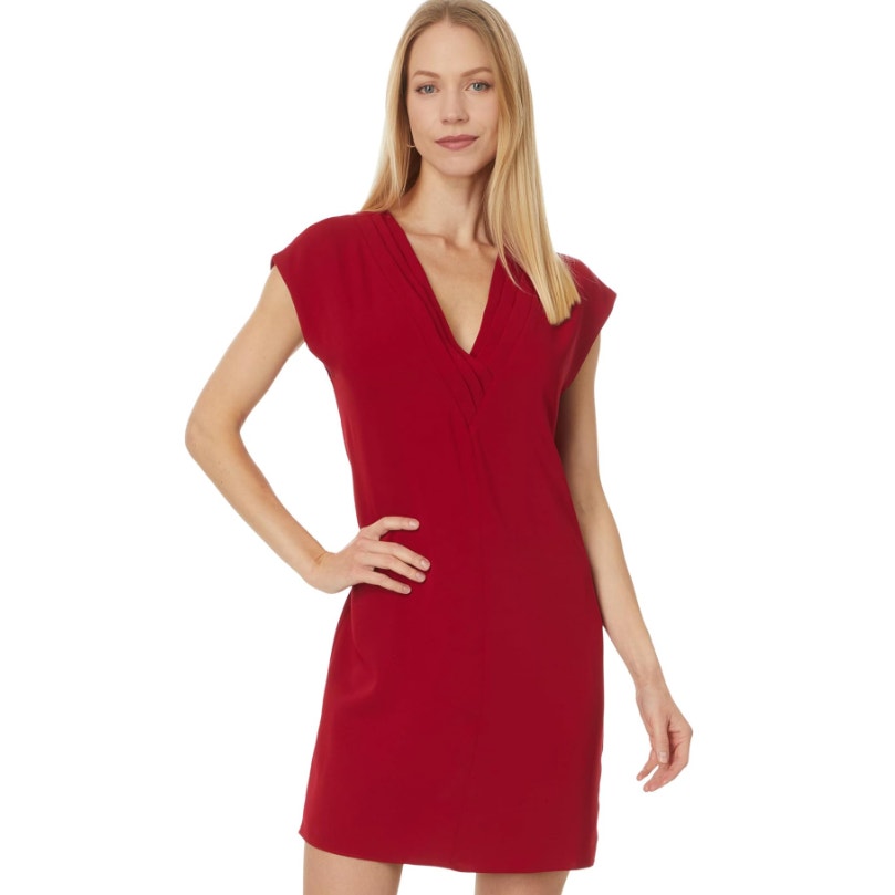 TRINA TURK Womens Zula Casual Midi Dress US Medium Red Pleated Cap Sleeve NWT