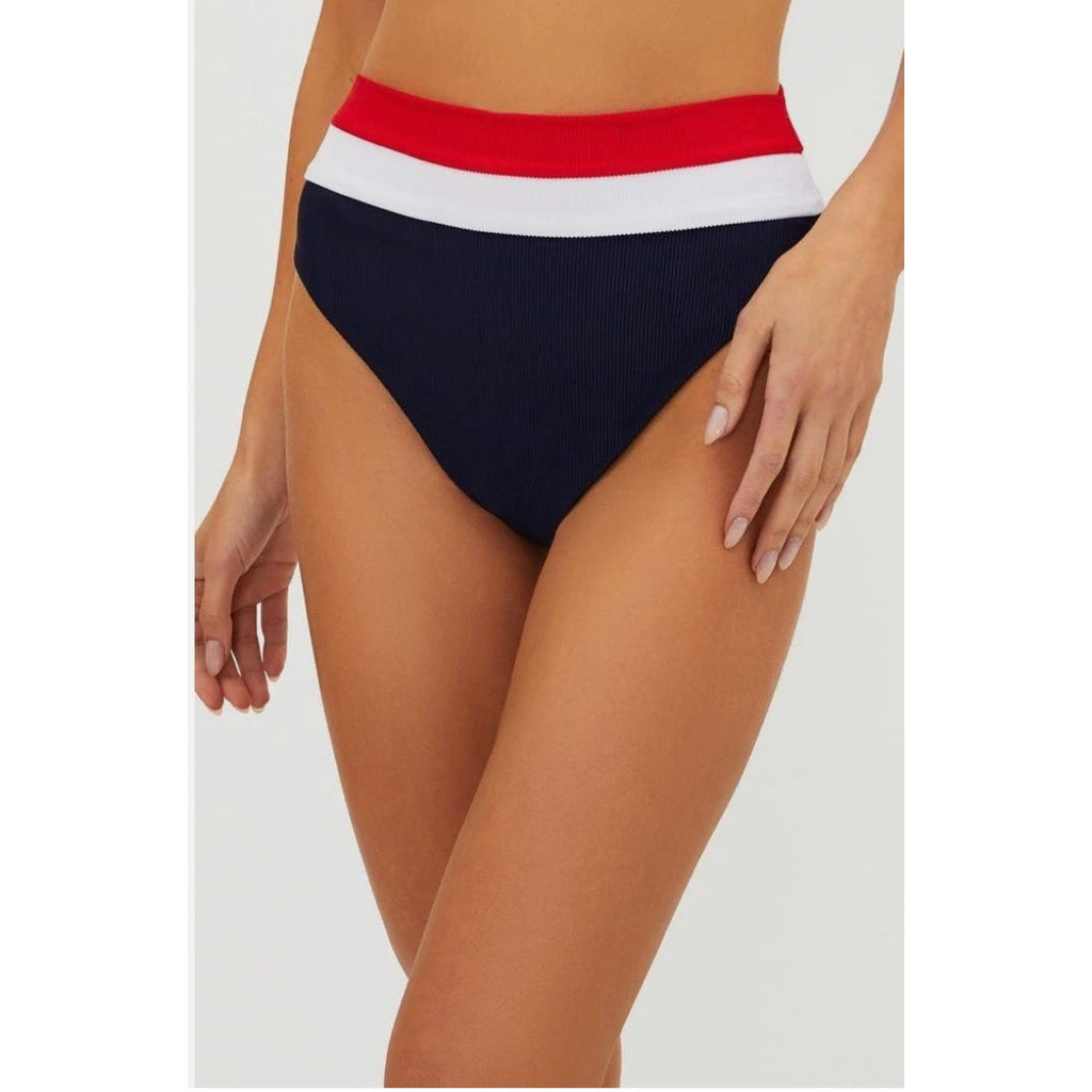 BEACH RIOT Heidi Bikini Bottom Medium Americana Colorblock Blue High Waist NWT