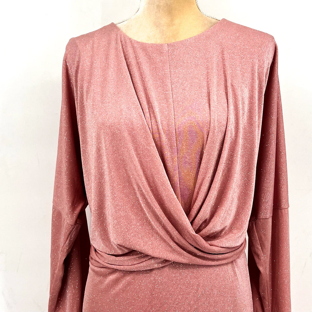 LONDON TIMES Women's Criss Cross Waist Dress 20W Pink Sparkle 3/4 Sleeve NWT