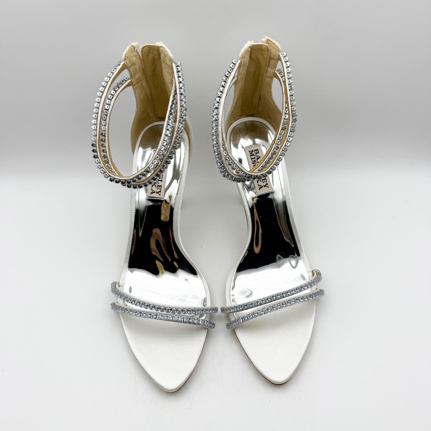 Badgley Mischka Womens Logan Heeled Sandals US 8.5 Silver Leather Crystal NIB
