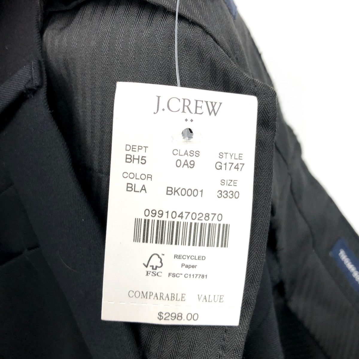 J.CREW Mens Slim-fit Thompson Worsted Wool Suit Pant 33x30 Black Flat Front NWT