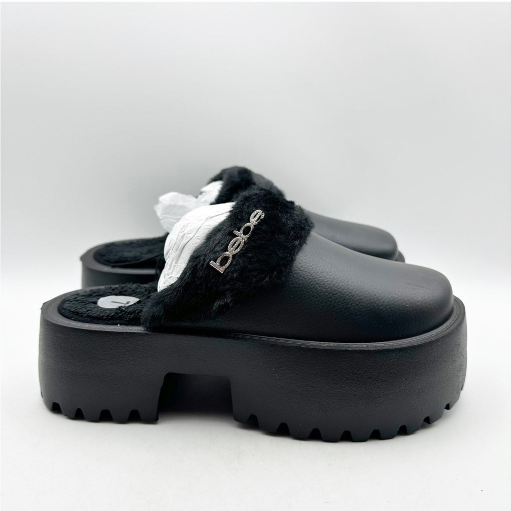 BEBE Women's Platform Slides Size 7 Black Faux Fur Collar Rhinestone Logo NWOB