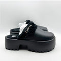 BEBE Women's Platform Slides Size 7 Black Faux Fur Collar Rhinestone Logo NWOB