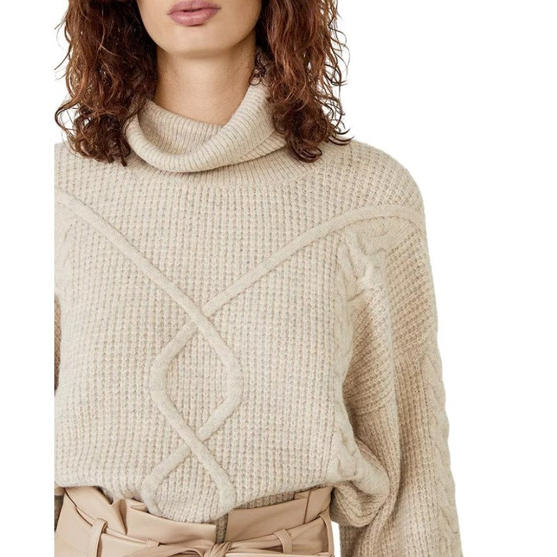 BARDOT Women's Maya Cable Knit Sweater Small Beige Pebble Balloon Sleeves NWT