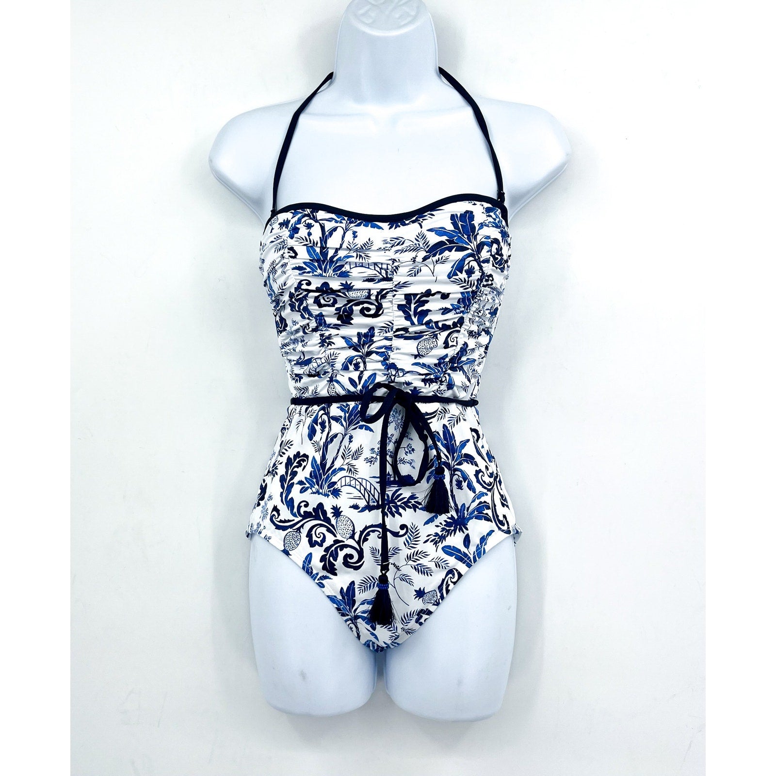 TOMMY BAHAMA Terrazzo Tile Bandeau One Piece Swimsuit Size 14 Blue Floral NWT