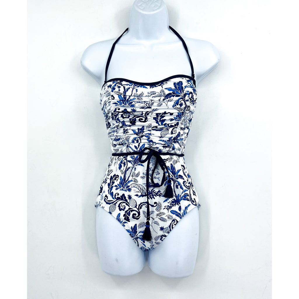 TOMMY BAHAMA Terrazzo Tile Bandeau One Piece Swimsuit Size 14 Blue Floral NWT