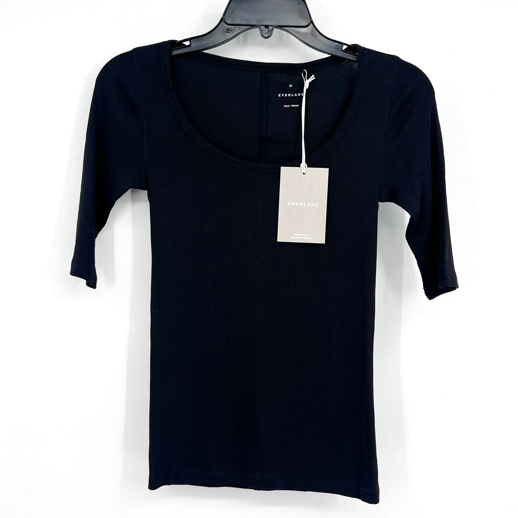 EVERLANE Women's The Luxe Rib Scoop-Neck Tee XS Black Elbow Sleeve SUPIMA NWT