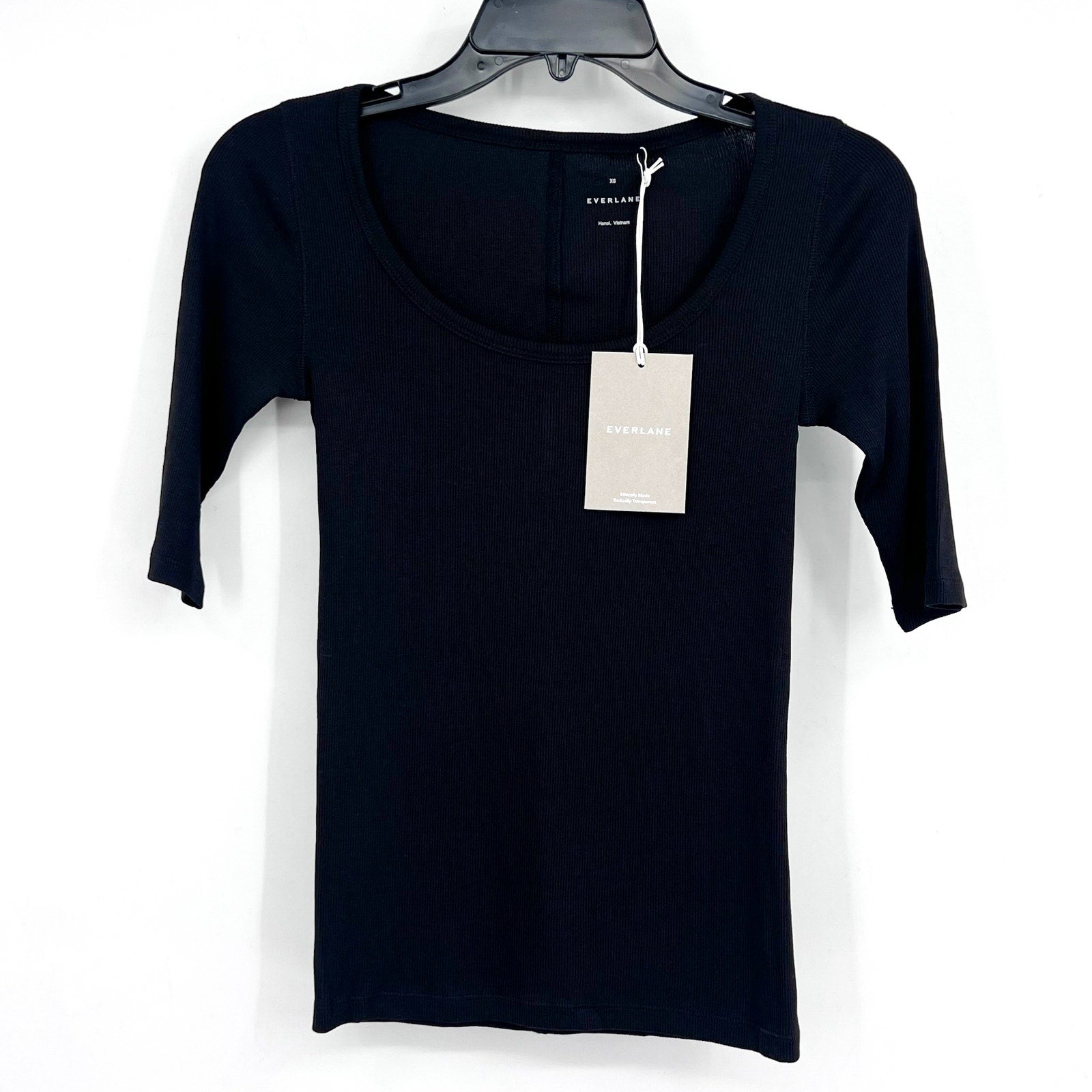 EVERLANE Women's The Luxe Rib Scoop-Neck Tee XS Black Elbow Sleeve SUPIMA NWT
