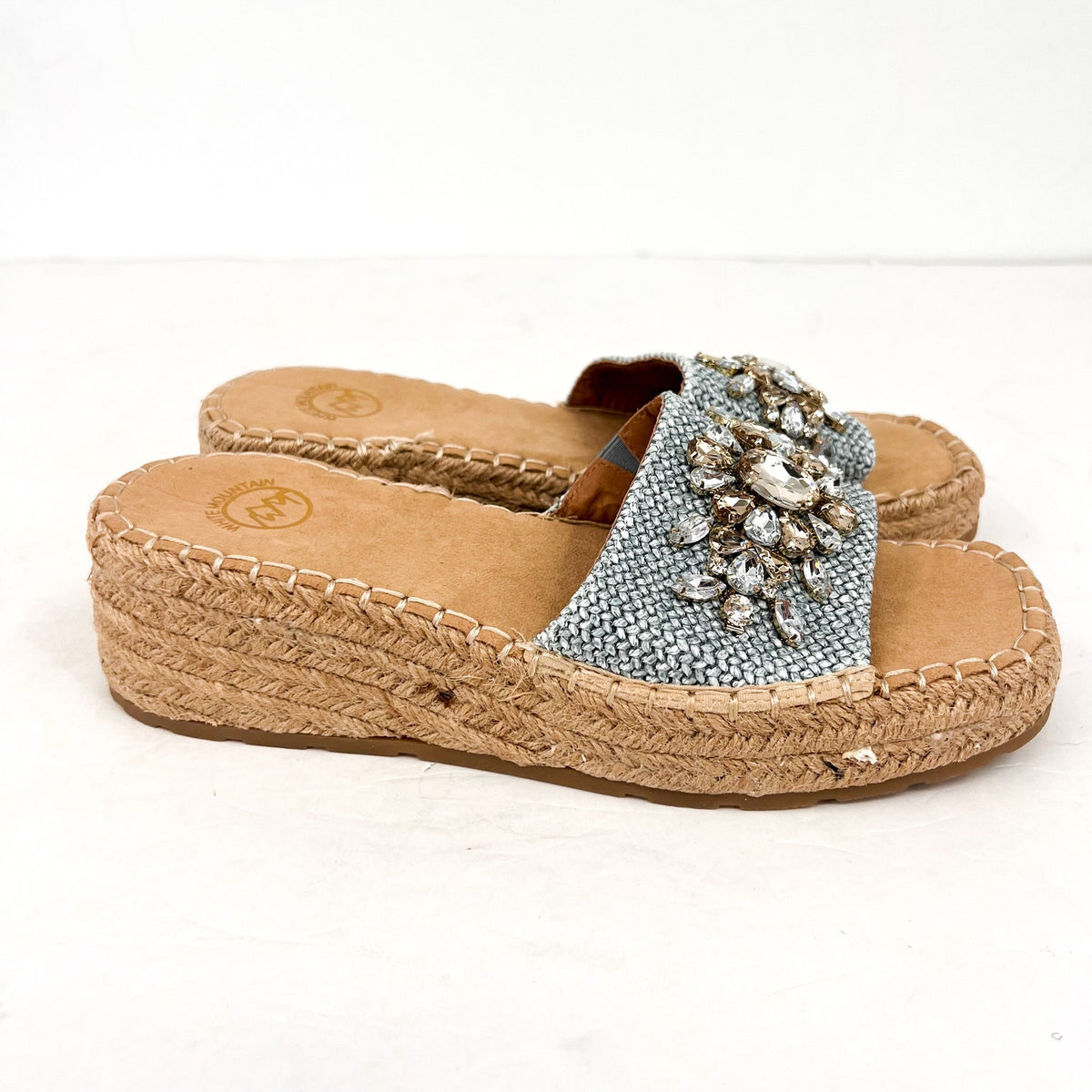 WHITE MOUNTAIN Womens Stitch Espadrille Wedge Sandals Size 9.5M Blue Raffia NWOB
