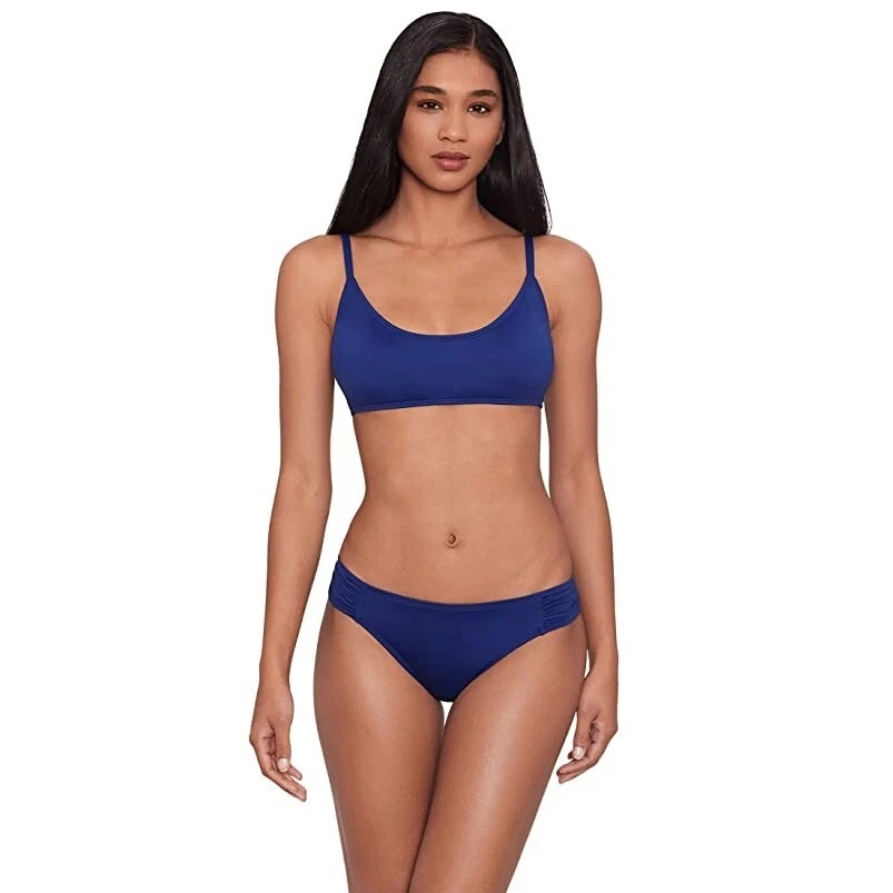 LAUREN RALPH LAUREN Hipster Bikini Bottom Size 4 Navy Blue Shirred Side Tab NWT