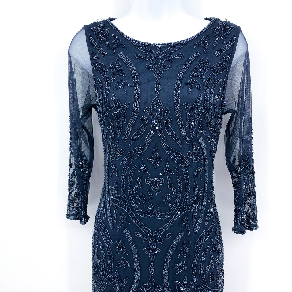 PISARRO NIGHTS Sequin Beaded Illusion Gown Size 2 Navy Blue Maxi Dress NWT