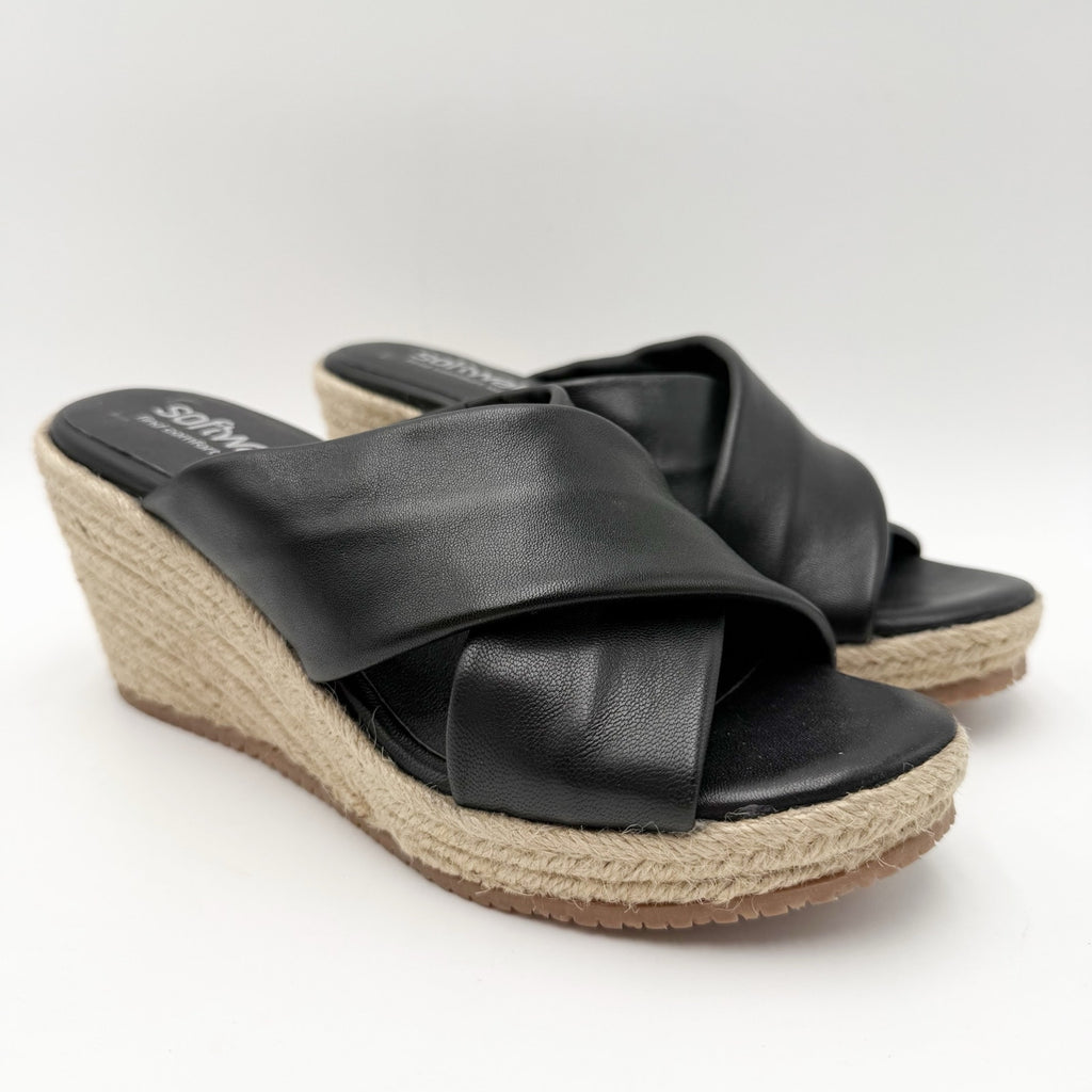 SoftWalk Womens Halsey Wedge Sandal Size 7.5 NARROW Black Leather Espadrille NIB