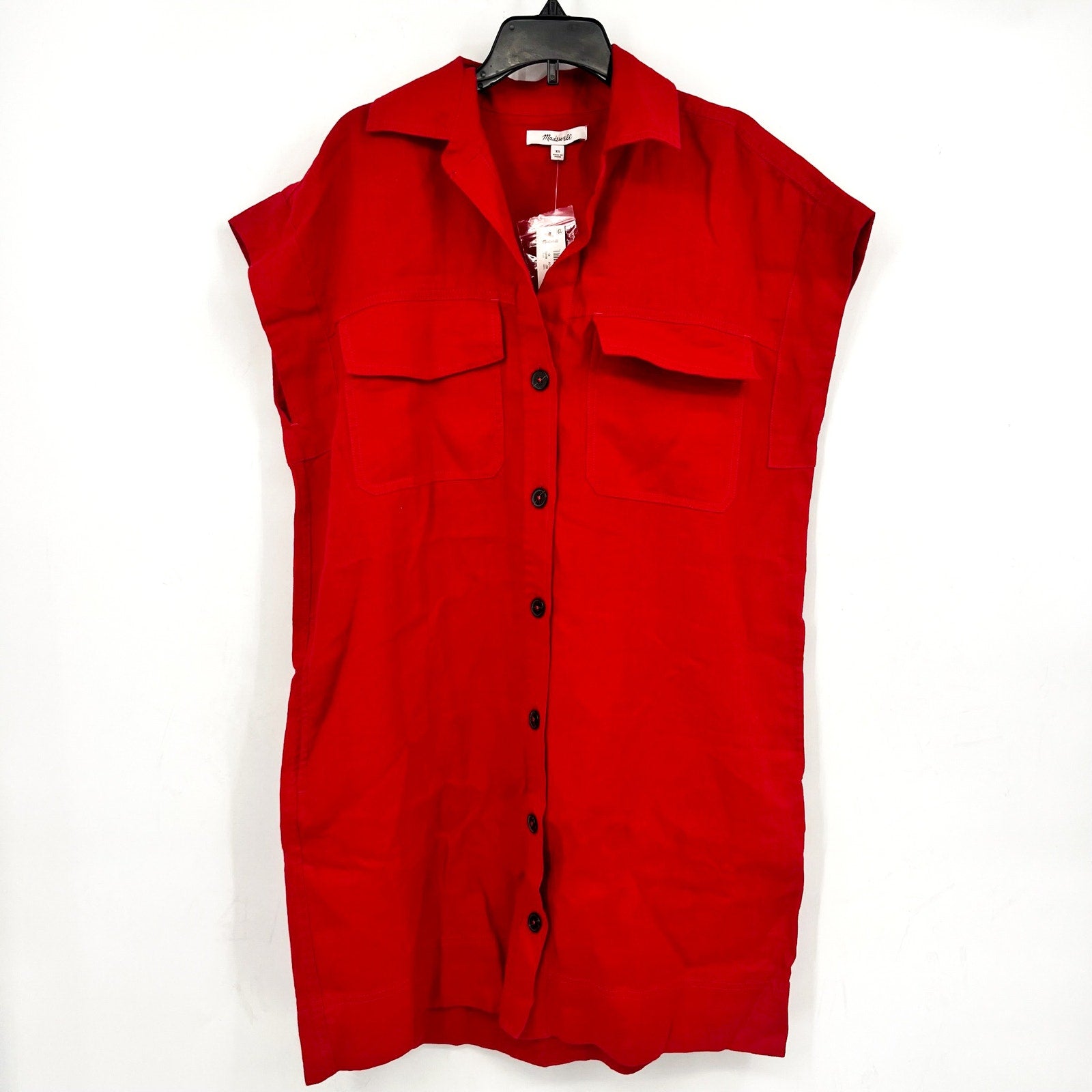MADEWELL Utility Short-Sleeve Mini Shirtdress XS Red 100% Linen NV453 NWT