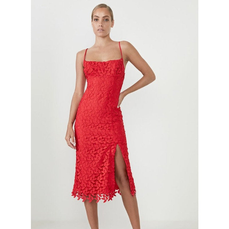 Bardot Ariel Leaf Lace Midi Dress US 6 Small Lipstick Red Spaghetti Straps NWT