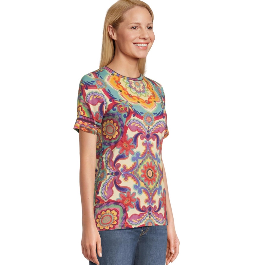 JOHNNY WAS The Janie Favorite Top Large Multi Mcanna Scarf Short Sleeve NWT