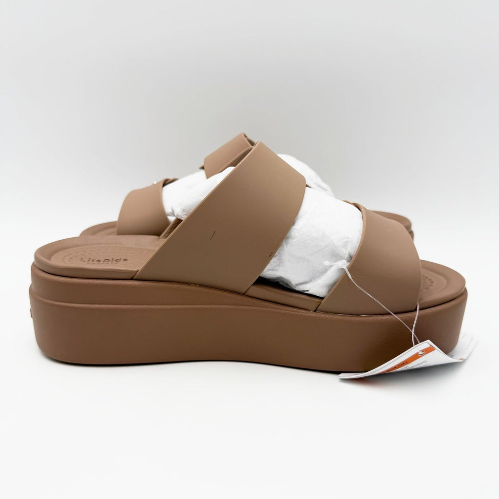 Crocs Womens Brooklyn Buckle Low Wedge Sandals Size 5 EU 34-35 Latte Brown NWT