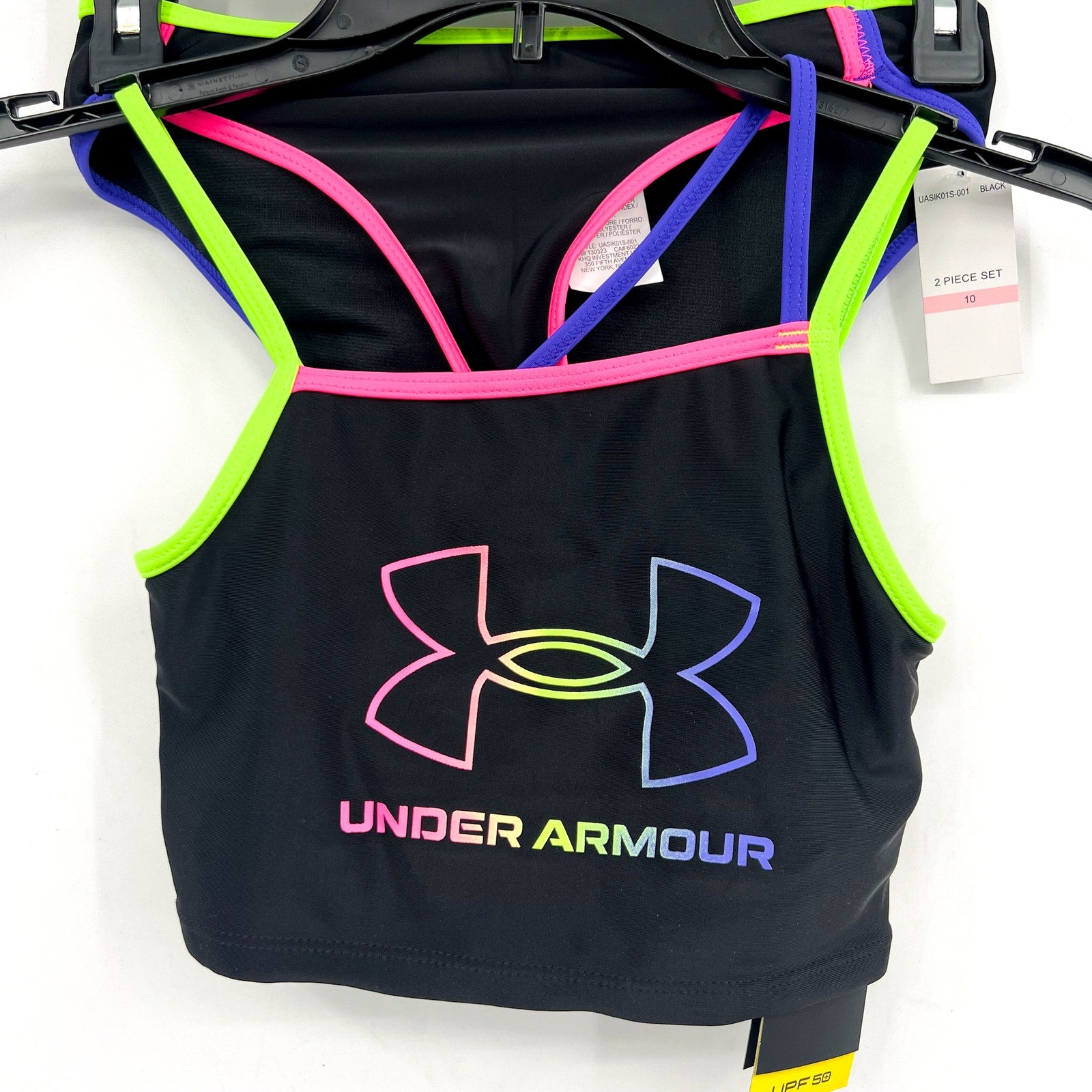 UNDER ARMOUR Girl's Angled Midkini Bikini Set Size 10 Black Swim Neon NWT