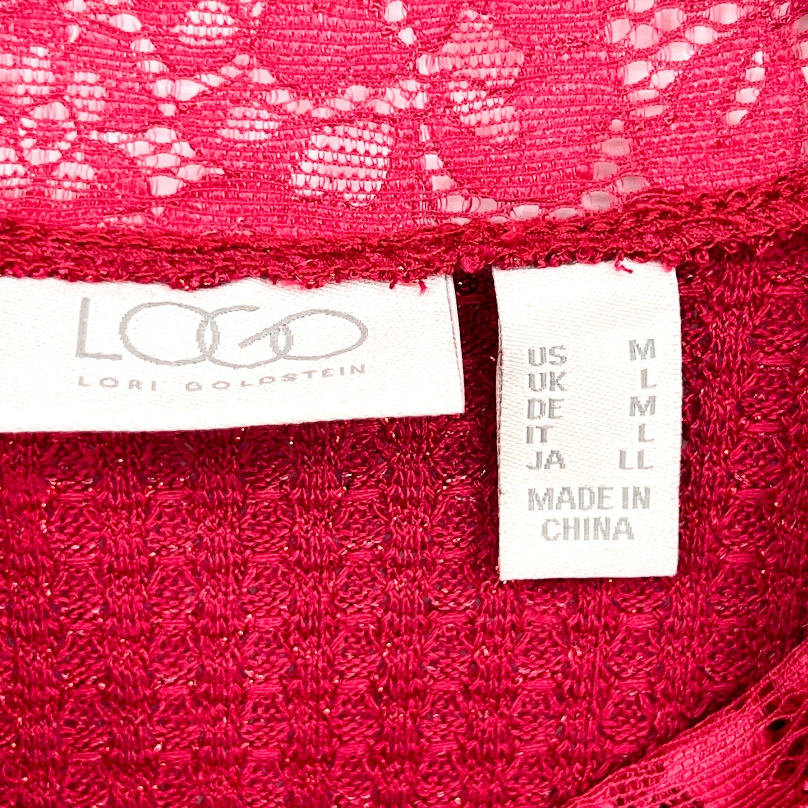 LOGO LORI GOLDSTEIN Metallic Waffle Knit Top Medium Rumba Red Long Sleeve NWOT