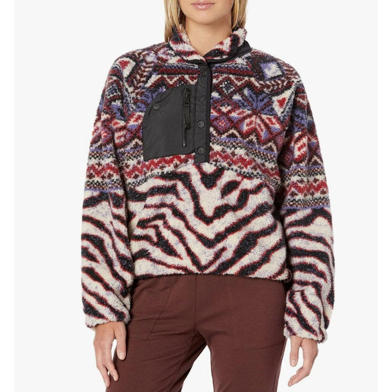 Free People Womens Rocky Ridge Fleece Pullover Jacket Small Red Purple Zebra NWT