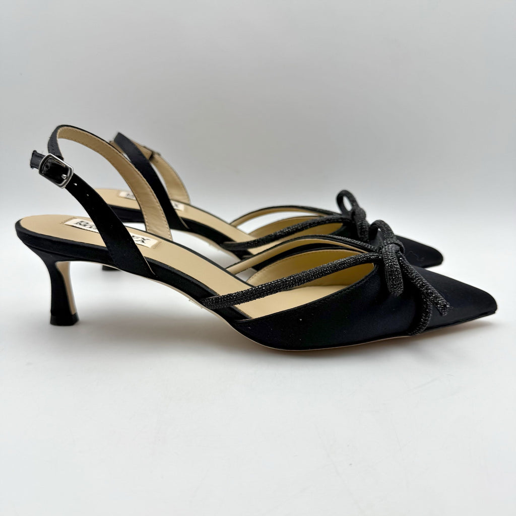 Badgley Mischka Womens Angelina Heels US 7.5 Black Satin Rhinestone Sandals NIB