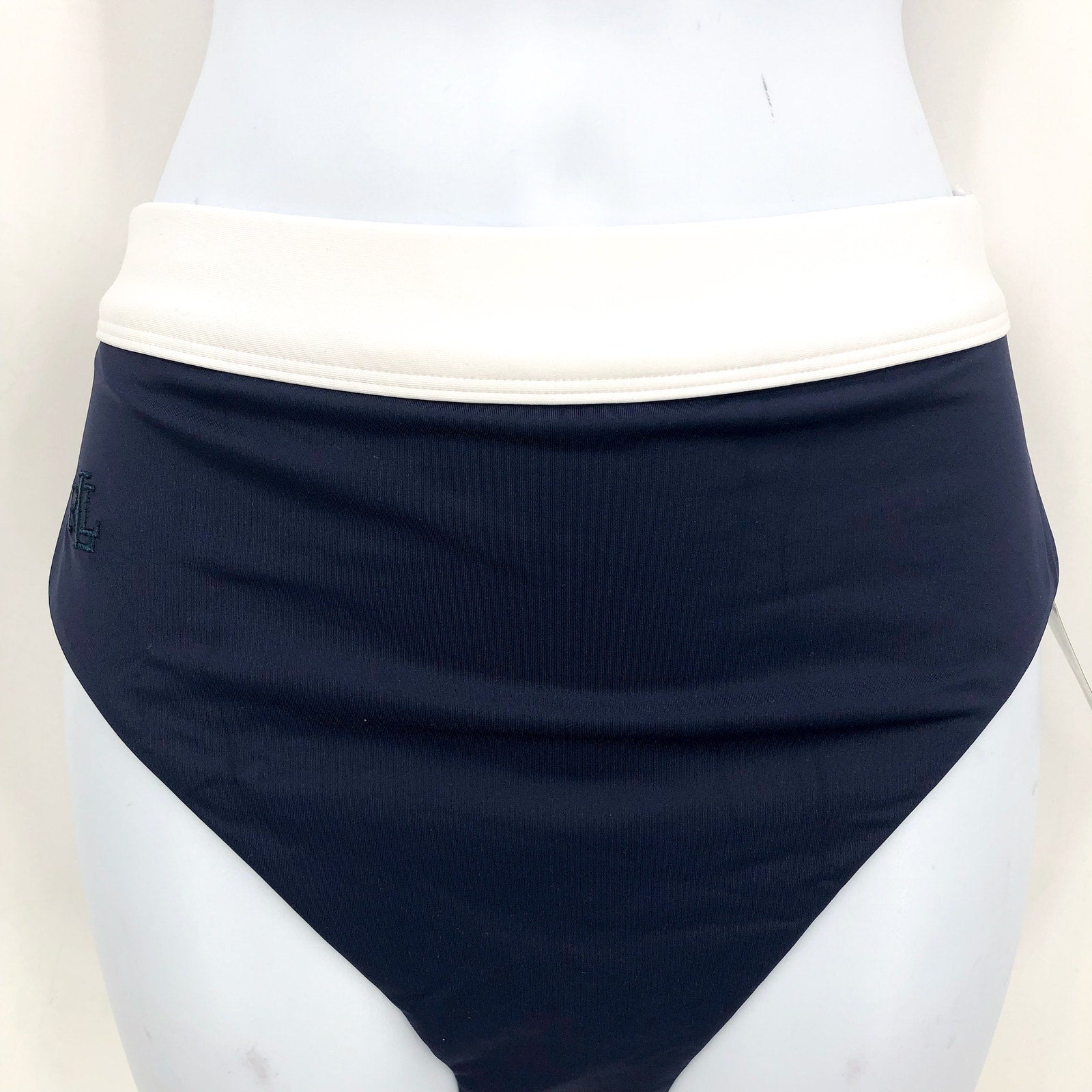 LAUREN RALPH LAUREN Bel Air Bikini Bottom Size 8 Navy Blue Banded High Waist NWT