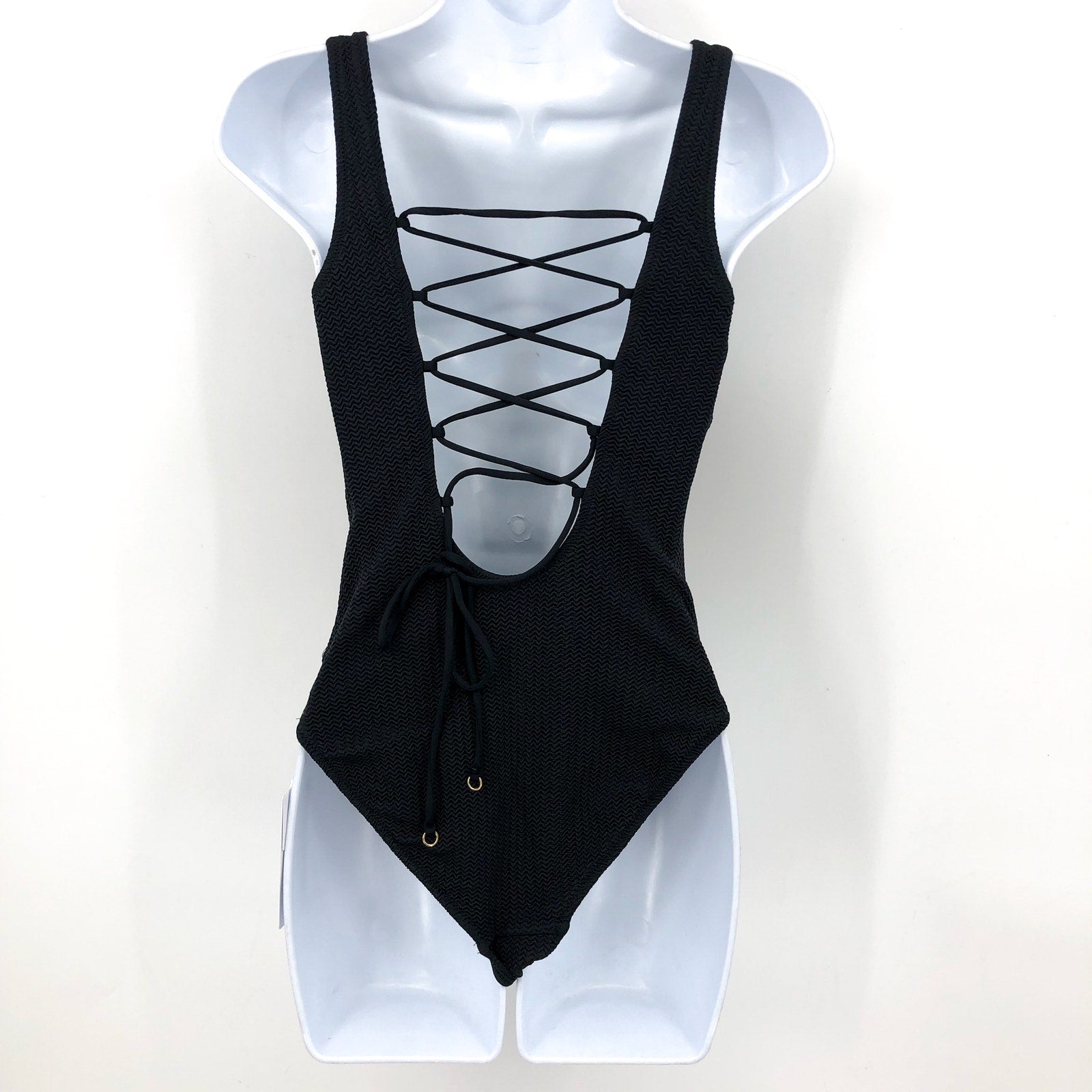 SEAFOLLY Sea Dive High Neck One Piece Swimsuit Size 6 Black Lace Back NWT