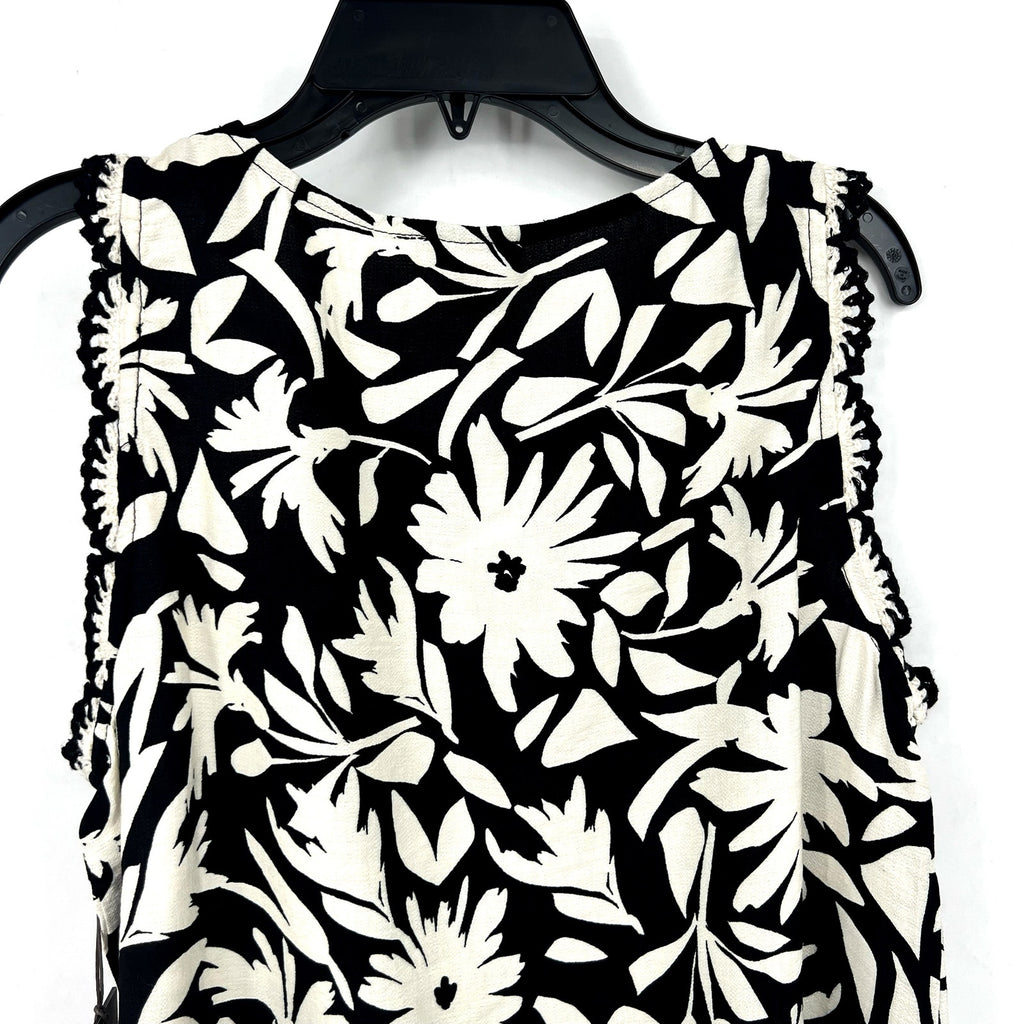 VINCE CAMUTO Women's Floral-Print Top Small Black White Crocheted-Trim NWT
