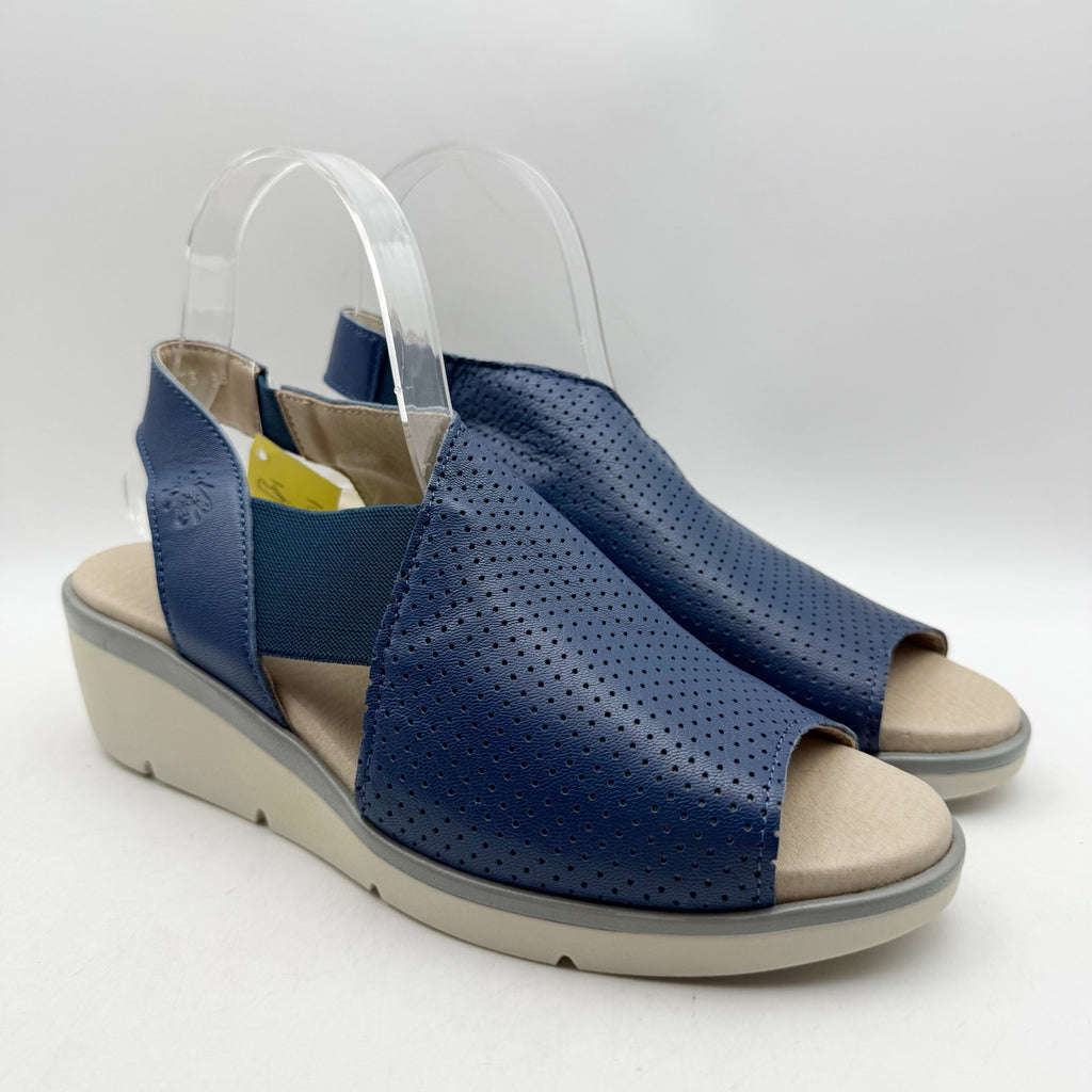 Fly London Womens Nisi Wedge Sandals EU 38 US 7.5-8 Blue Leather NWT