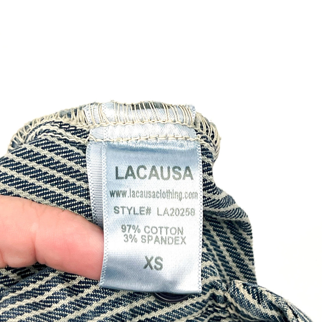 LACAUSA Women's Railroad Lucky Jumpsuit XS Blue Sea Salt Stripe Short Sleeve NWT