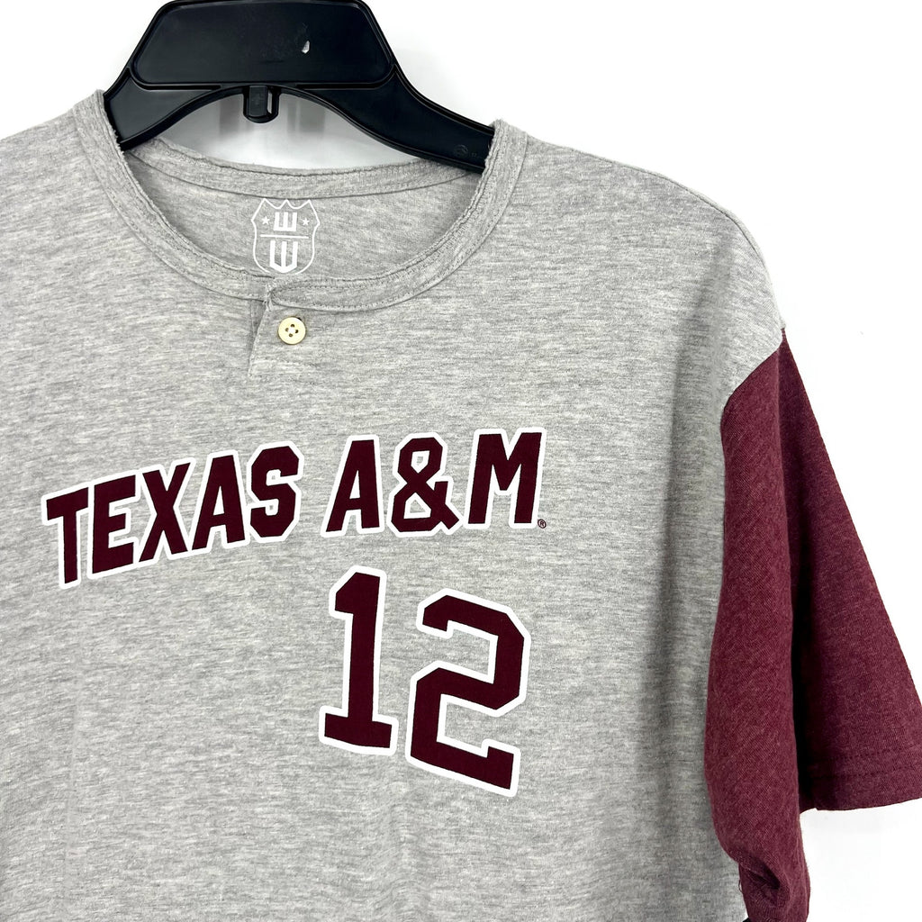 WES & WILLY  Boys Texas A&M Baseball Henley Tshirt Large Grey Red NWT