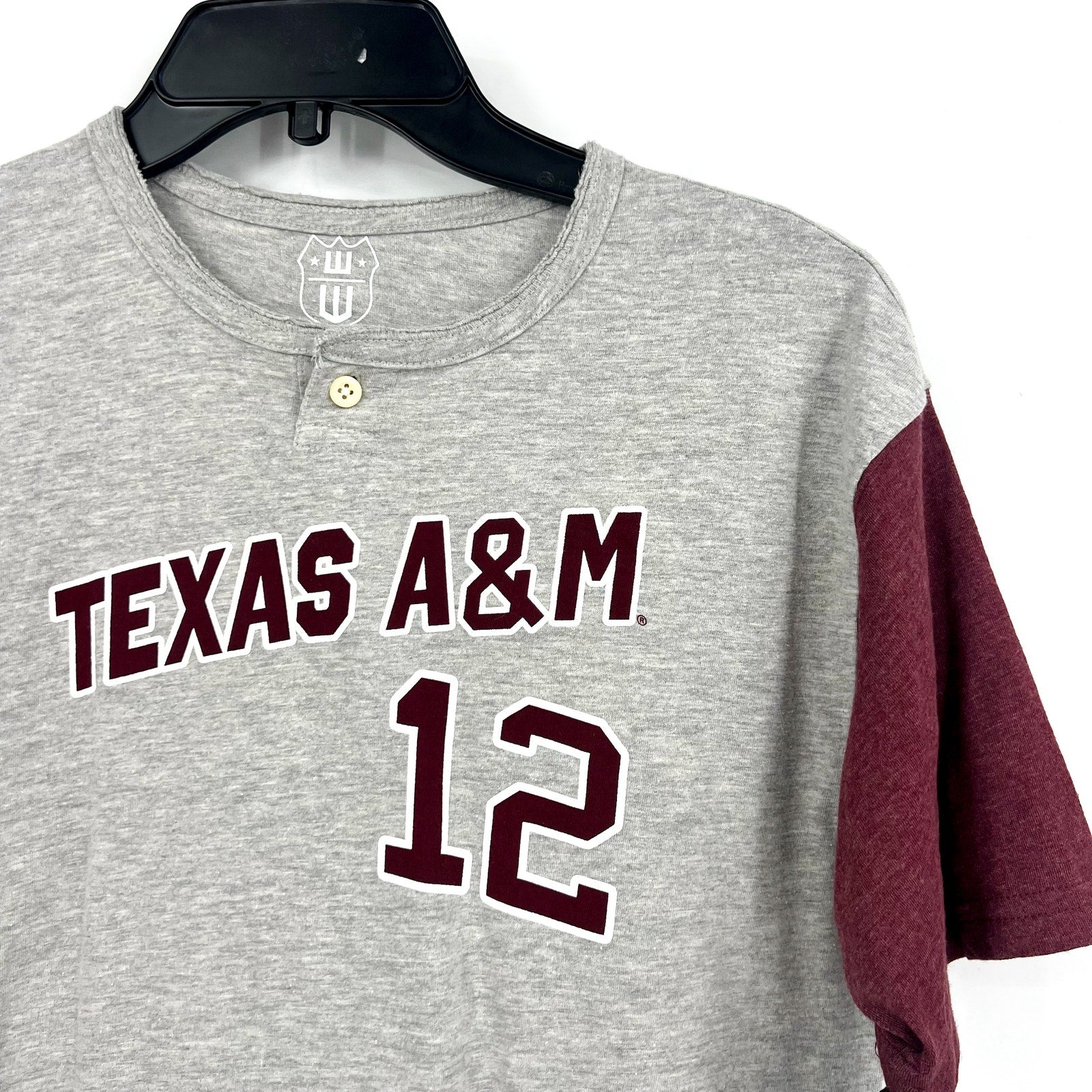 WES & WILLY  Boys Texas A&M Baseball Henley Tshirt Large Grey Red NWT