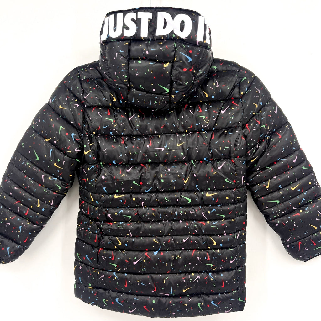 NIKE Girl's Just Do It Printed Puffer Jacket Size 6X Black Confetti NWOT