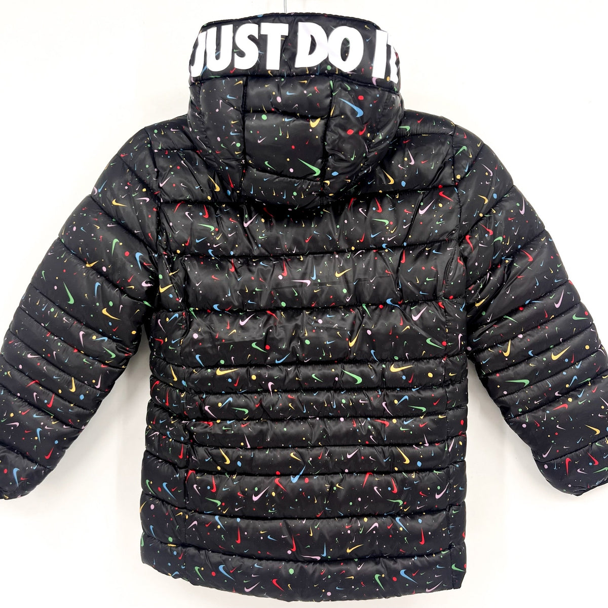 NIKE Girl's Just Do It Printed Puffer Jacket Size 6X Black Confetti NWOT