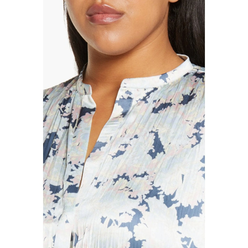 VINCE Women's Pleated Lotus Print Blouse 2X Tide Pool Blue Top Floral NWT