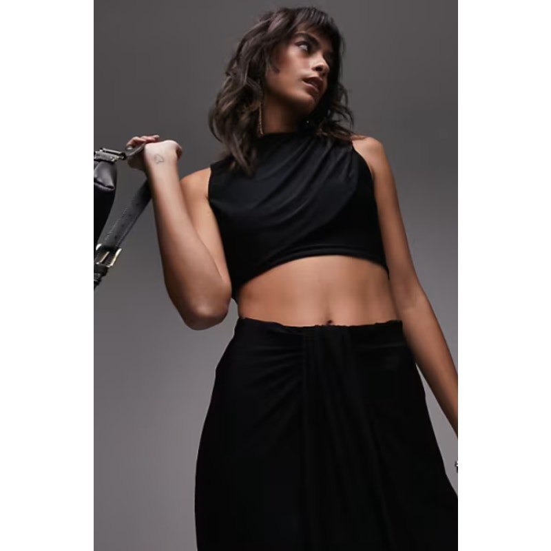 TOPSHOP Women's Jersey Draped Midi Dress Small 4-6 Black Sleeveless Cut Out NWT