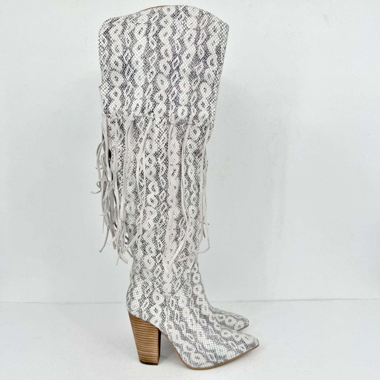 DINGO Womens Kitty Kat Fringe Snake Snip Toe Cowboy Boots US 8.5M White