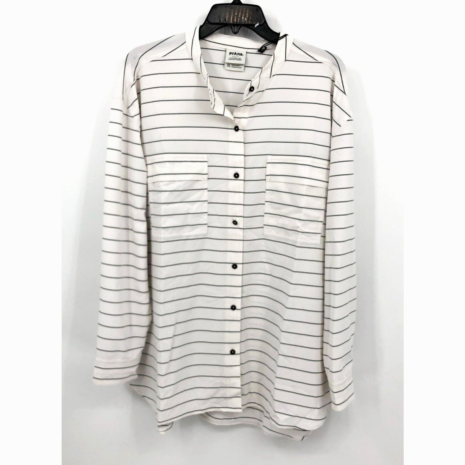 PRANA Womens Railay Tunic Top XL White Stripe Long Sleeve Button Up UPF 50+ NWT